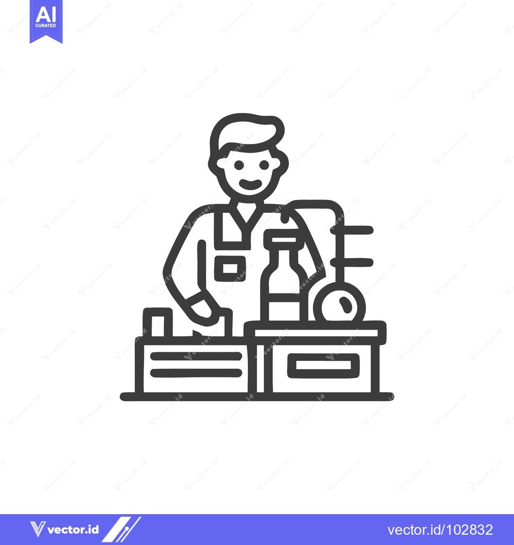 Premium Vector of Smiling Male Worker Operating Bottling Machine Line Art Icon