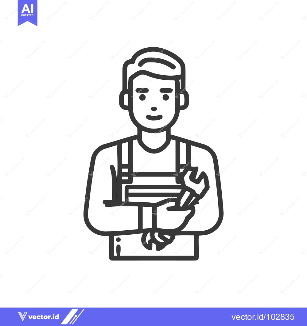 Premium Vector of Line Art Male Mechanic Icon in Overalls Holding Wrench, Professional H