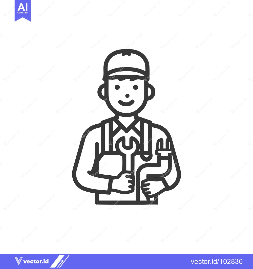 Premium Vector of Friendly Plumber Icon with Wrench and Pipe, Minimalist Line Art Vector