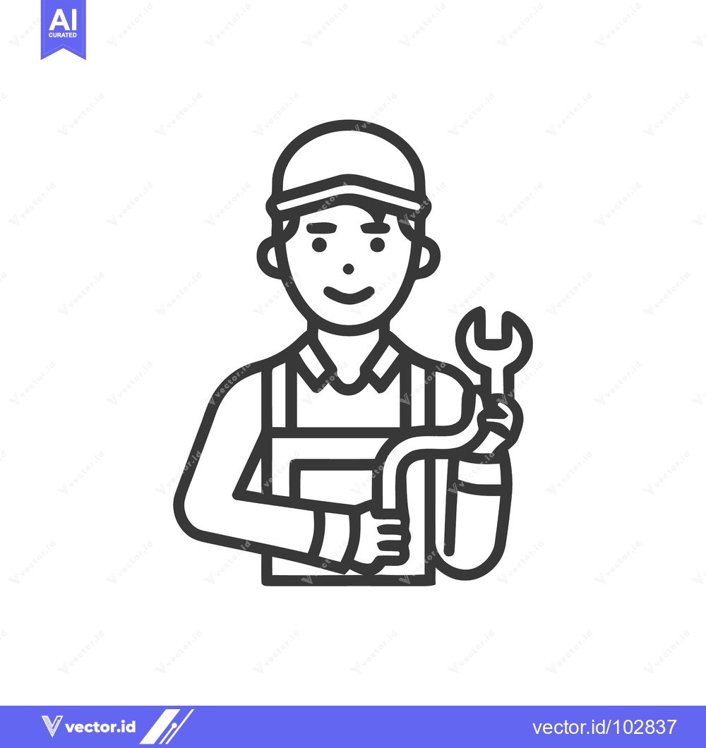 Premium Vector of Friendly Mechanic Icon Holding Wrench in Simple Line Art Style