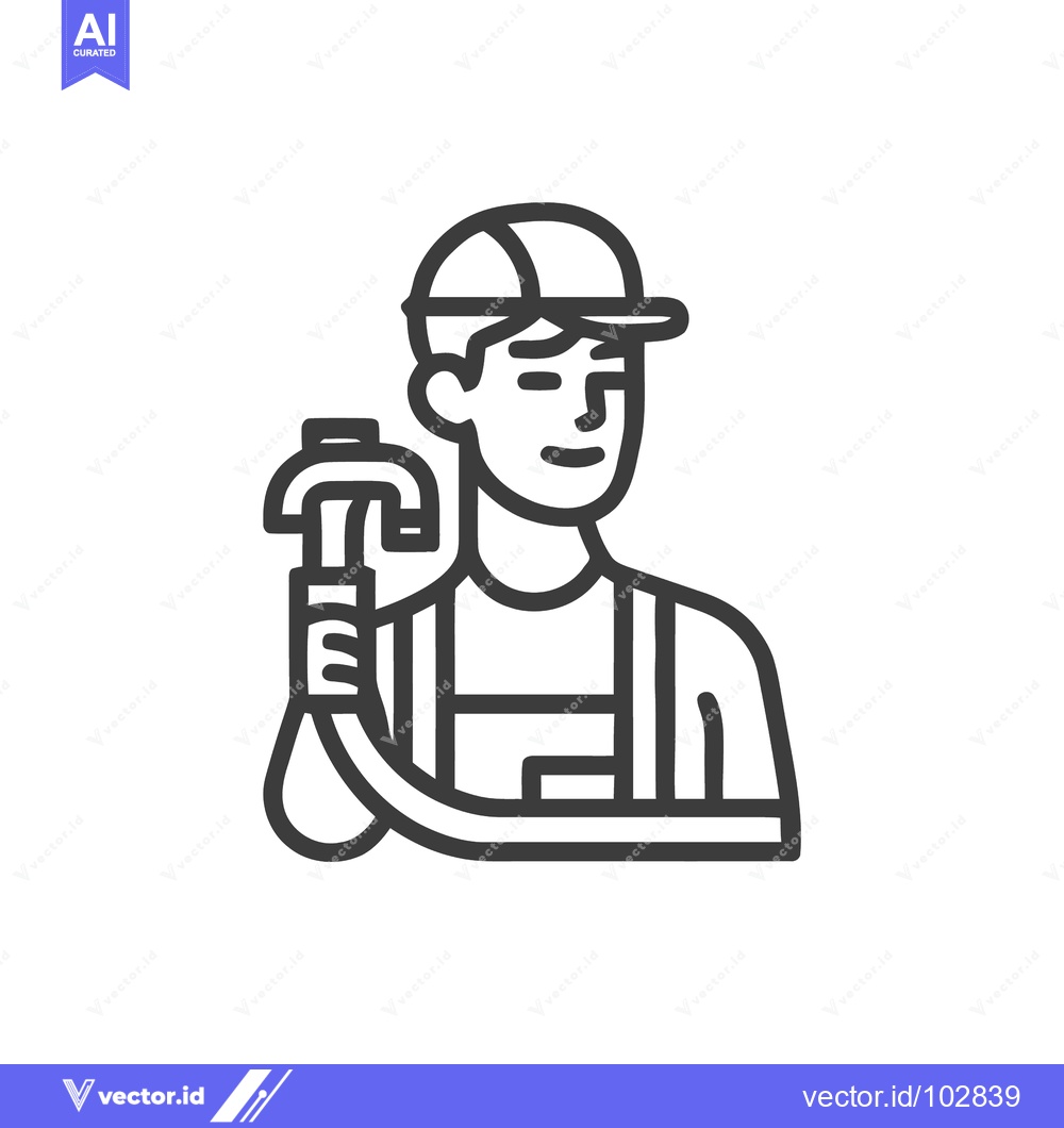 Premium Vector of Smiling Plumber or Handyman Line Art Icon Holding Pipe Wrench, Represe