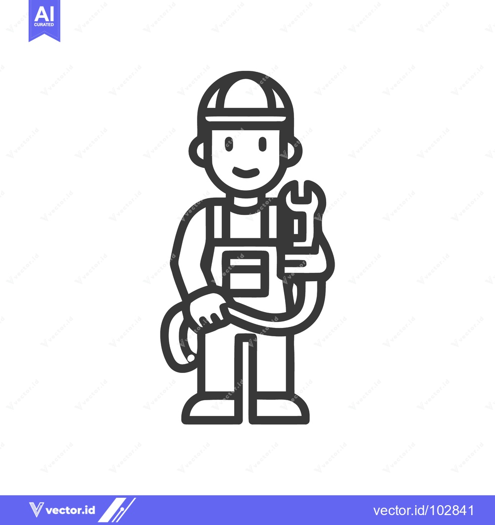 Premium Vector of Smiling Line Art Plumber or Mechanic Icon with Wrench and Hose, Profes