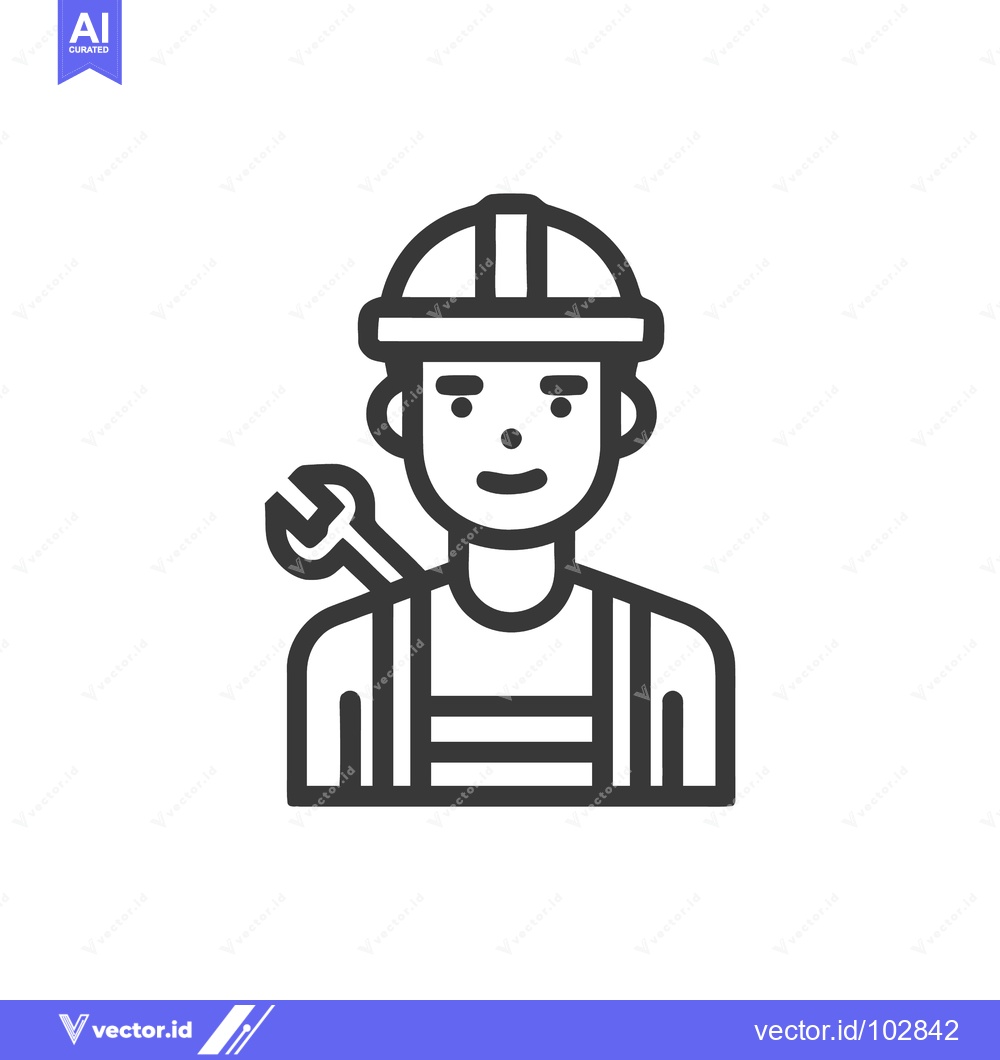 Premium Vector of Professional Male Worker Icon with Wrench and Hard Hat, Mechanic Line