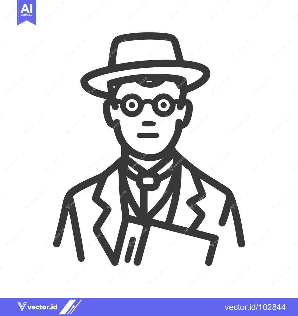 Premium Vector of Elegant Monochrome Line Art Icon of a Man in a Fedora, Glasses, and Su