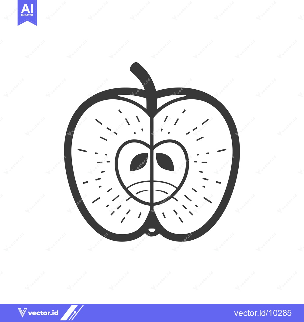 Premium Vector dari A black and white illustration of a halved apple with a heart-shaped c