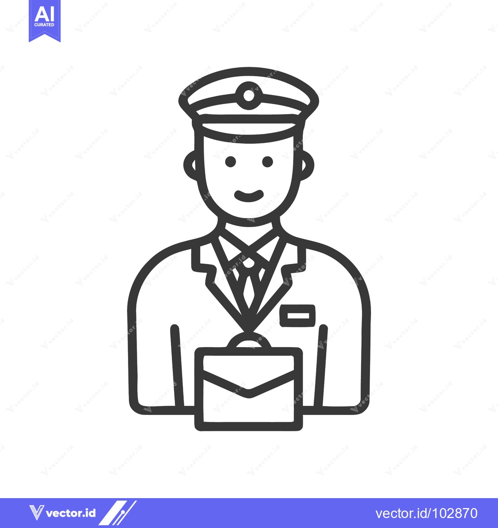 Premium Vector of Smiling Professional Man in Uniform with Cap and Briefcase Line Icon