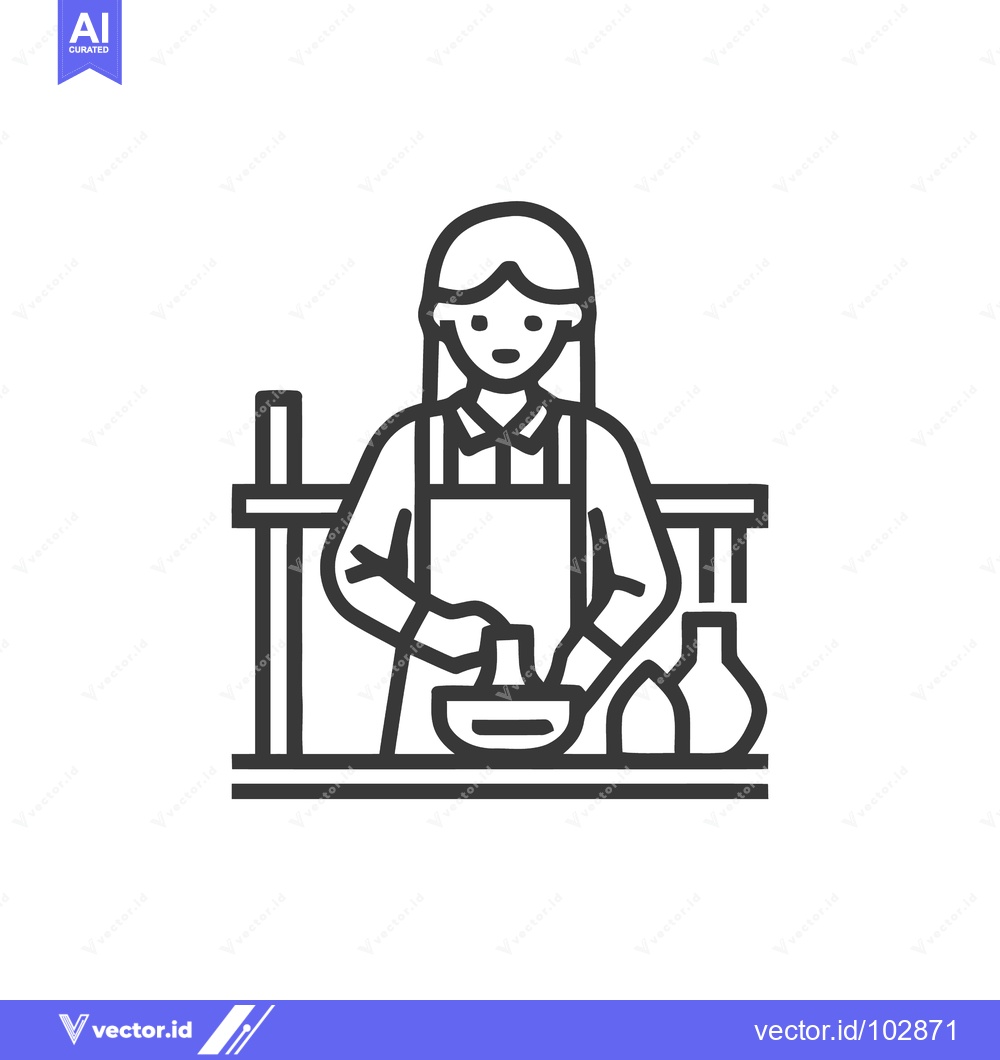 Premium Vector of Minimalist Line Art Icon of Woman in Apron Grinding Ingredients with M