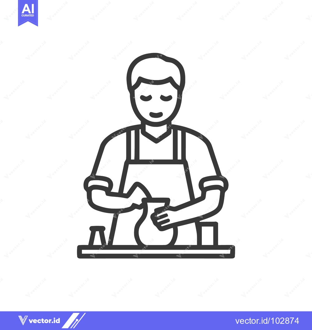 Premium Vector of Monochrome Line Icon of Skilled Potter Crafting Clay Vessel by Hand