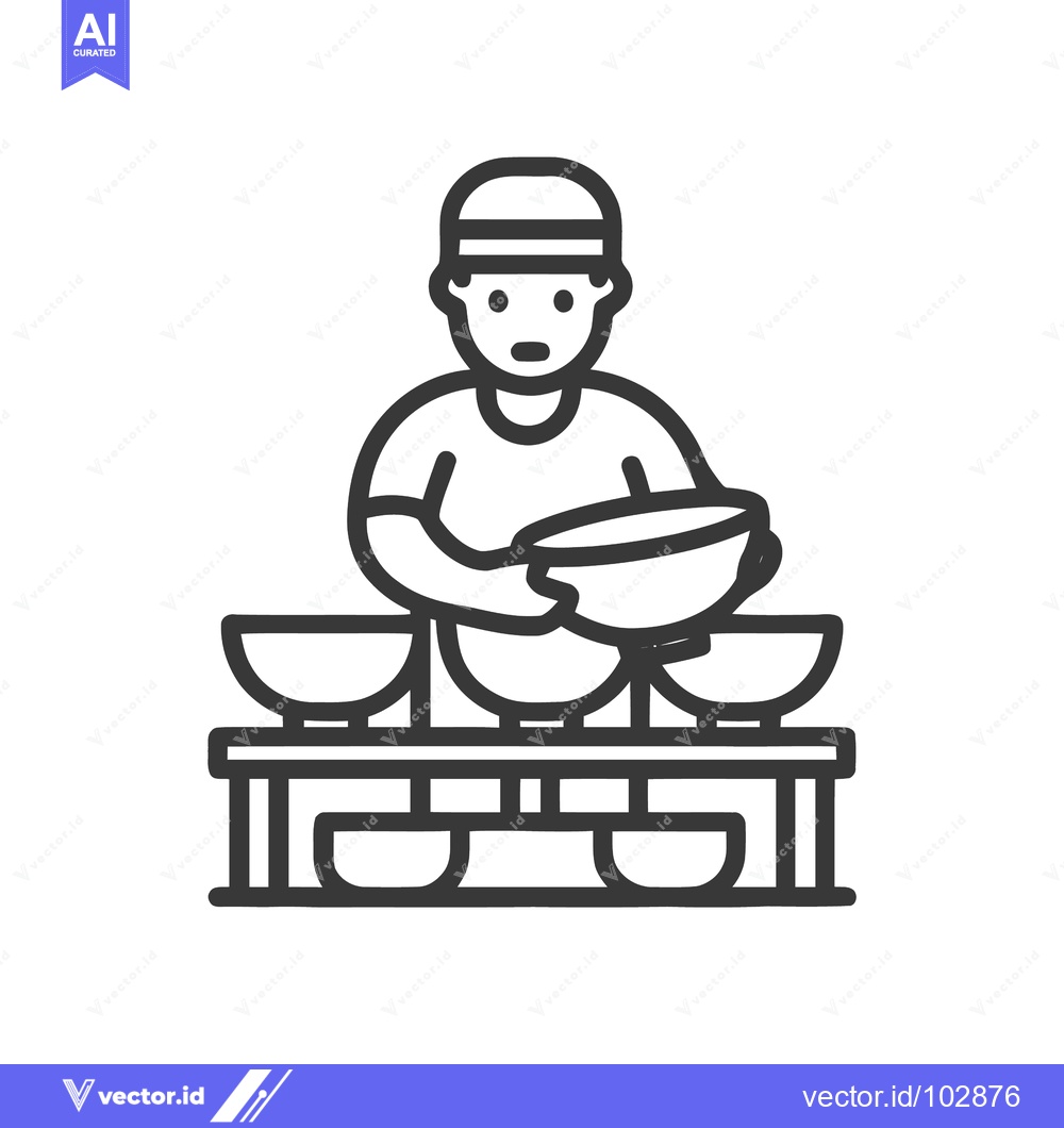Premium Vector dari Monochrome Line Art Icon of Person Arranging Bowls on Tiered Shelf, Cu