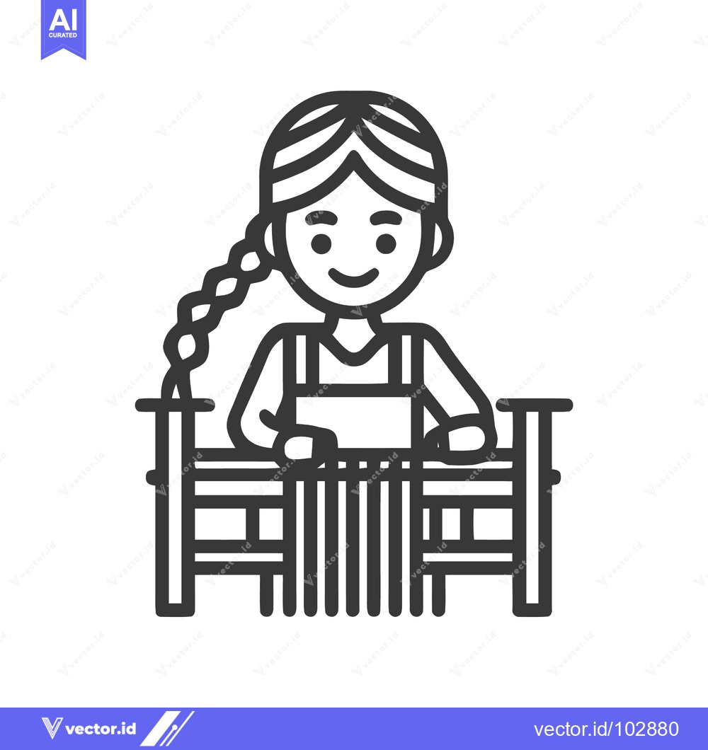 Premium Vector of Smiling Woman Weaving on Traditional Loom Line Art Icon, Craftswoman w