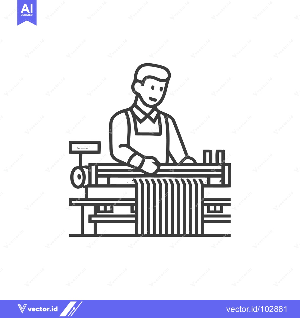 Premium Vector dari Smiling Textile Worker Operating Weaving Machine in Clean Line Art Ico