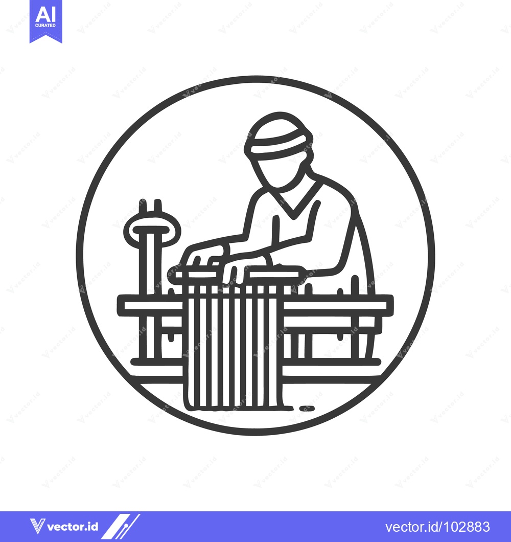 Premium Vector of Circular Line Art Icon: Artisan Weaving Fabric on Traditional Loom