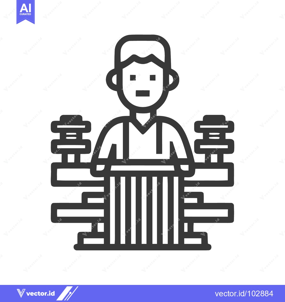 Premium Vector of Minimalist Line Art Icon: Person at Counter with Stacked Items, Repres