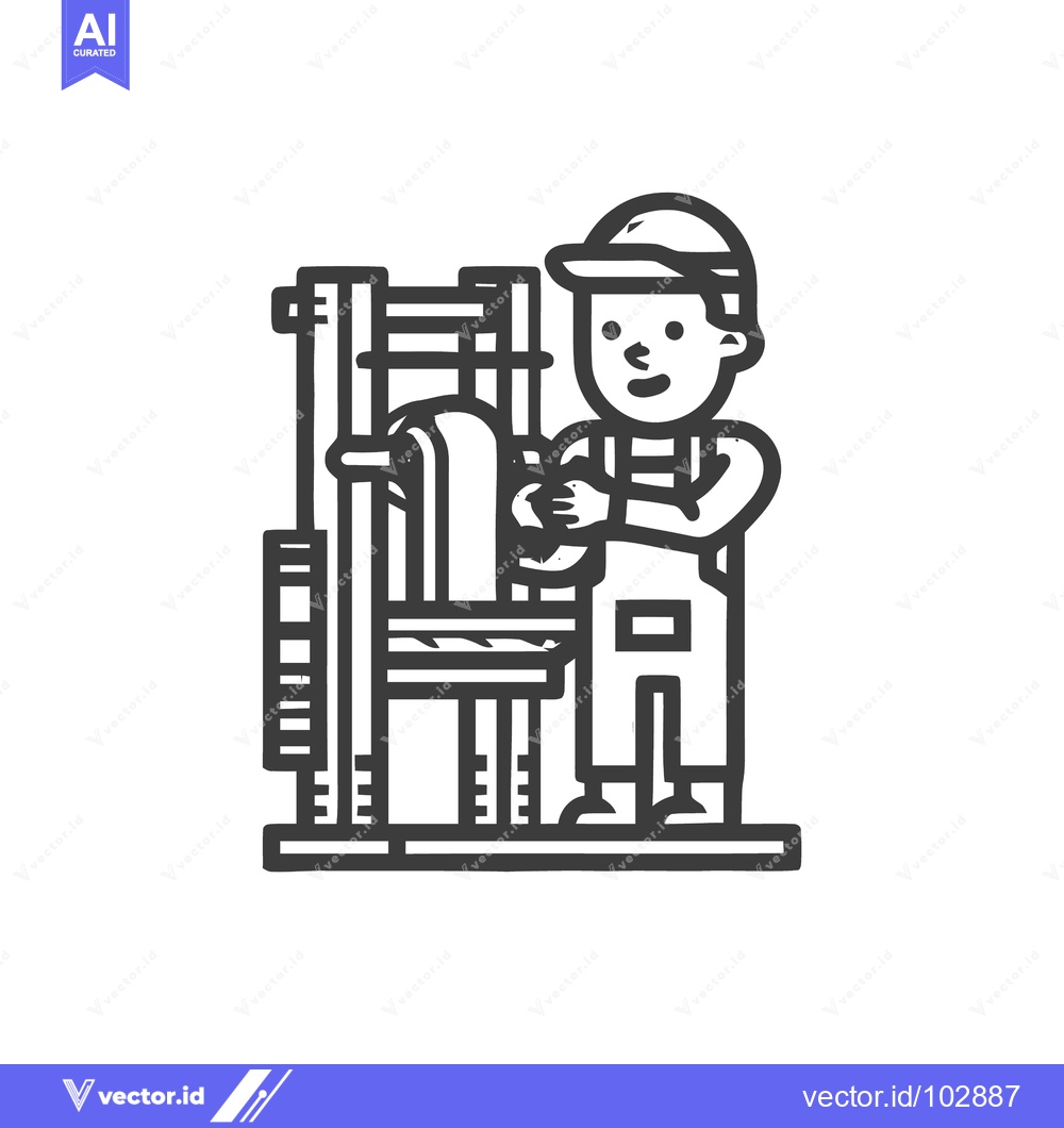Premium Vector dari Monochrome Line Art: Smiling Worker Operating Vintage Printing Press