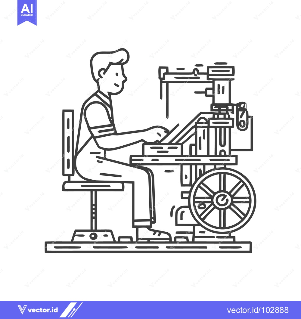 Premium Vector dari Skilled Craftsman Operating Vintage Printing Press: Detailed Monochrom
