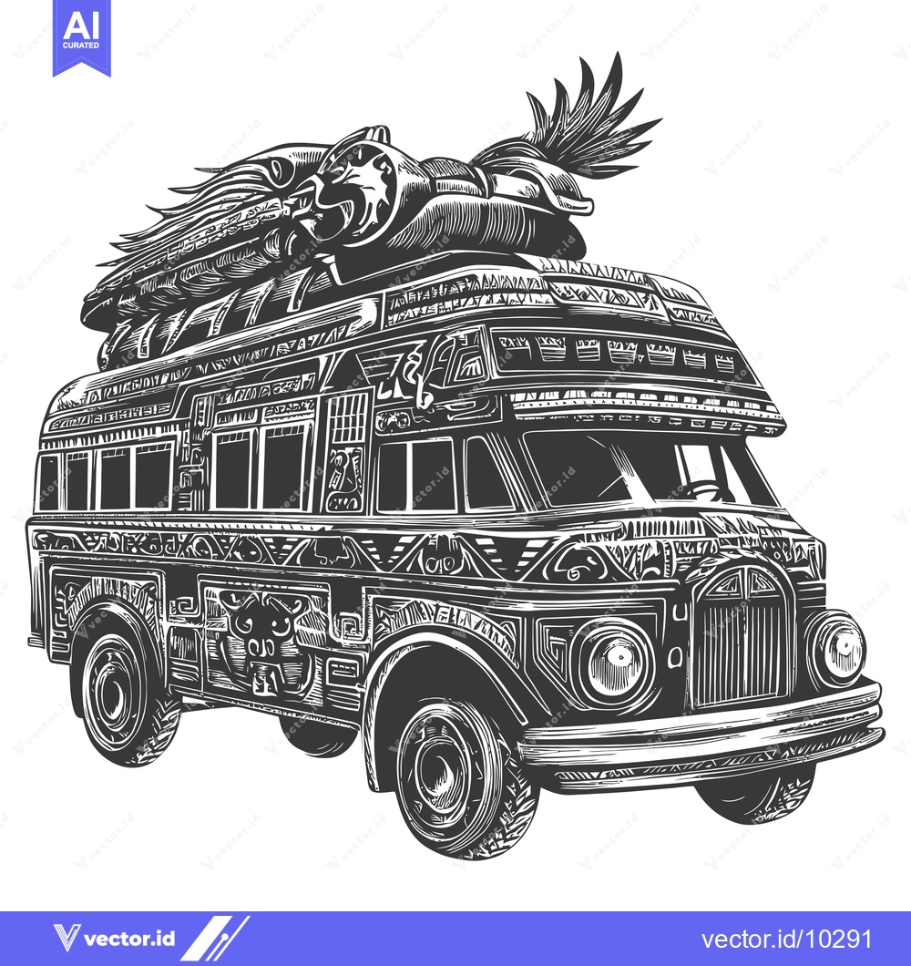 Premium Vector dari A Black and White Illustration of a Highly Decorated Bus