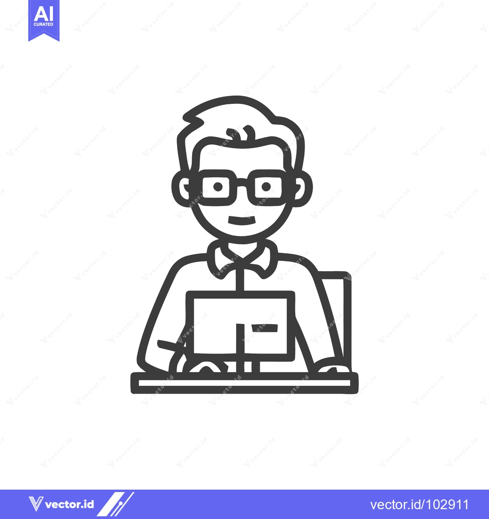 Premium Vector dari Smiling Person with Glasses at Computer Desk Line Art Icon, Minimalist