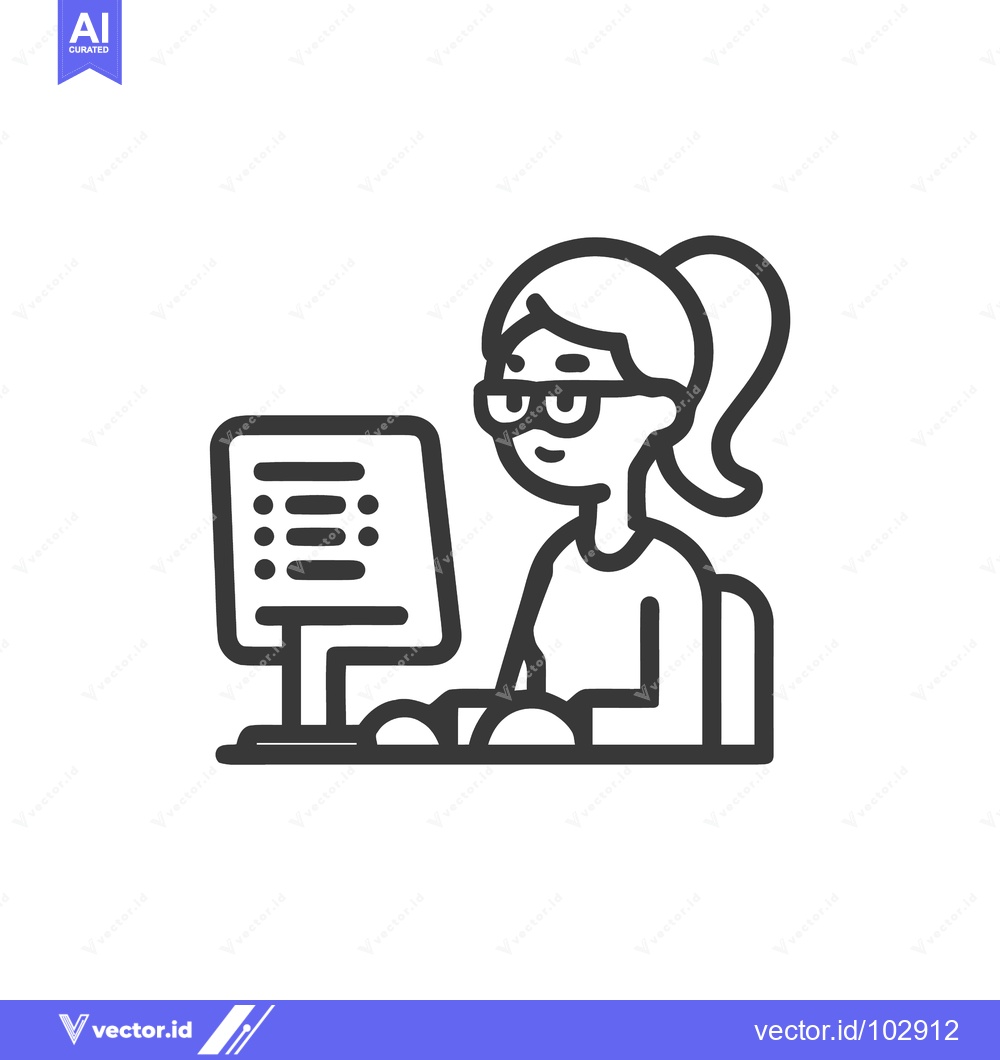 Premium Vector dari Minimalist Line Art Icon of Woman with Glasses Working on Desktop Comp