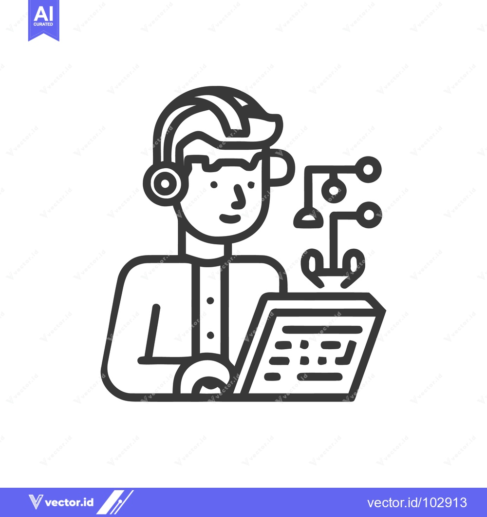 Premium Vector dari Modern Line Art Icon of Person with Headphones and Laptop for Data Pro