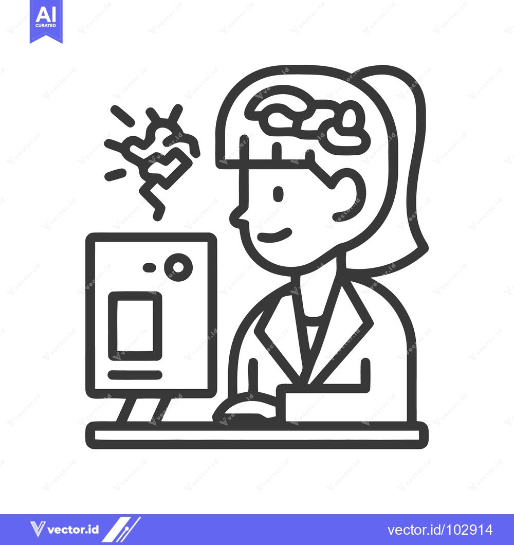 Premium Vector of Line Art Icon: Woman at Computer with Crumpled Brain, Symbolizing Prob