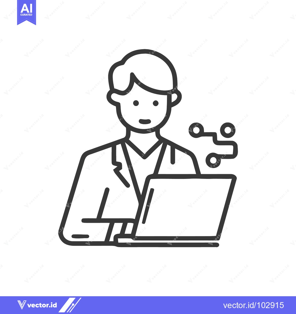 Premium Vector of Minimalist Line Art Icon: Person with Laptop and Circuit Symbol, Repre