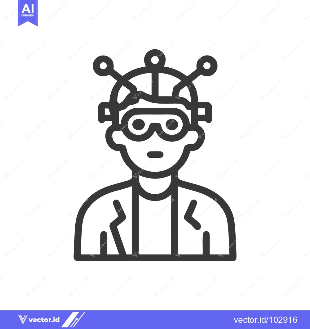 Premium Vector of Futuristic Person Icon with VR Goggles and Brain Interface Headset, Re