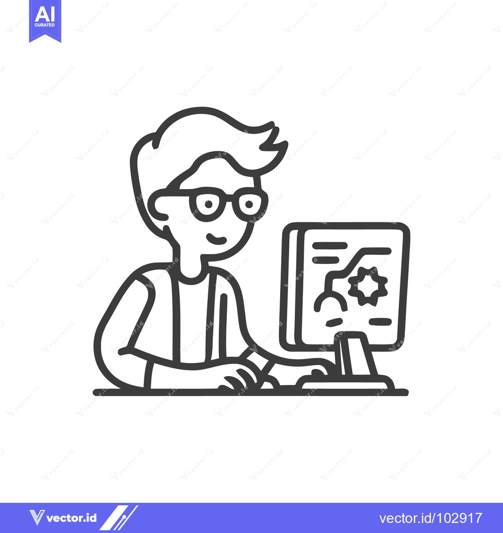 Premium Vector dari Smiling Young Man with Glasses Coding or Developing on Computer, Minim
