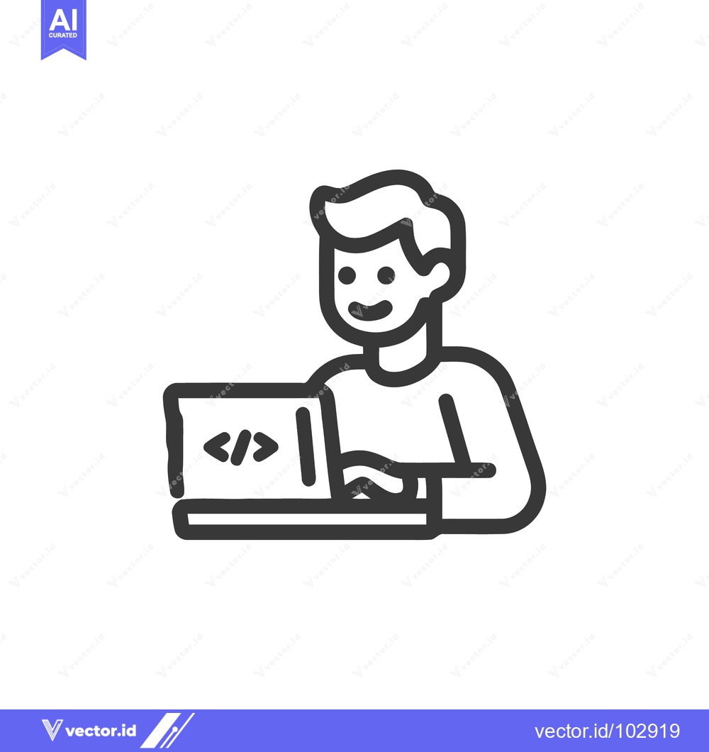 Premium Vector dari Smiling Developer Coding on Laptop, Minimalist Line Art Icon for Progr
