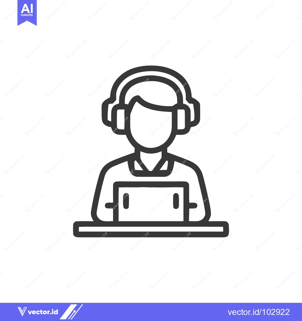 Premium Vector dari Minimalist Line Icon of Person with Headphones and Laptop, Remote Work