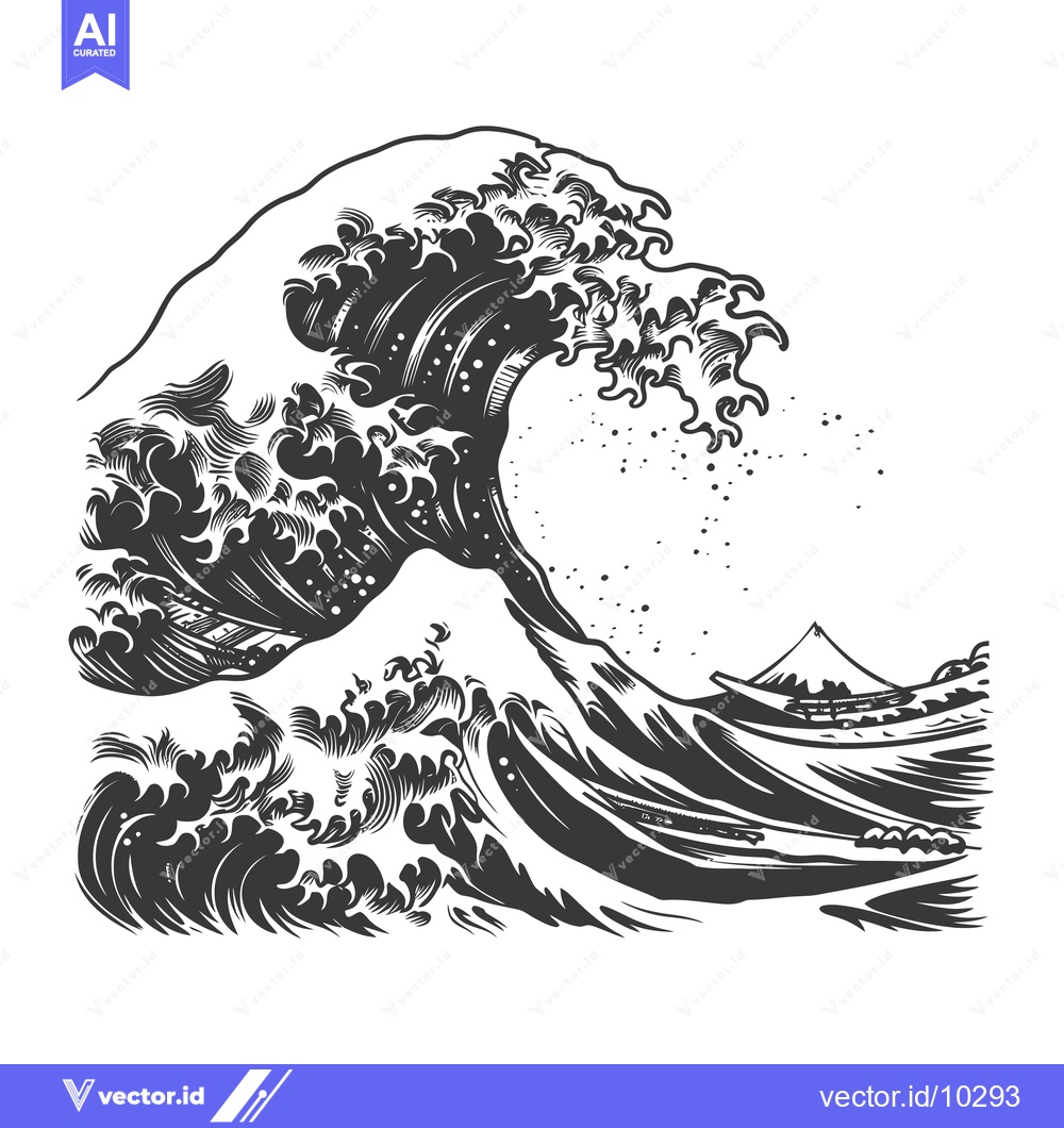 Premium Vector dari A Black and White Illustration of a Large Wave Breaking Over Mount Fuj