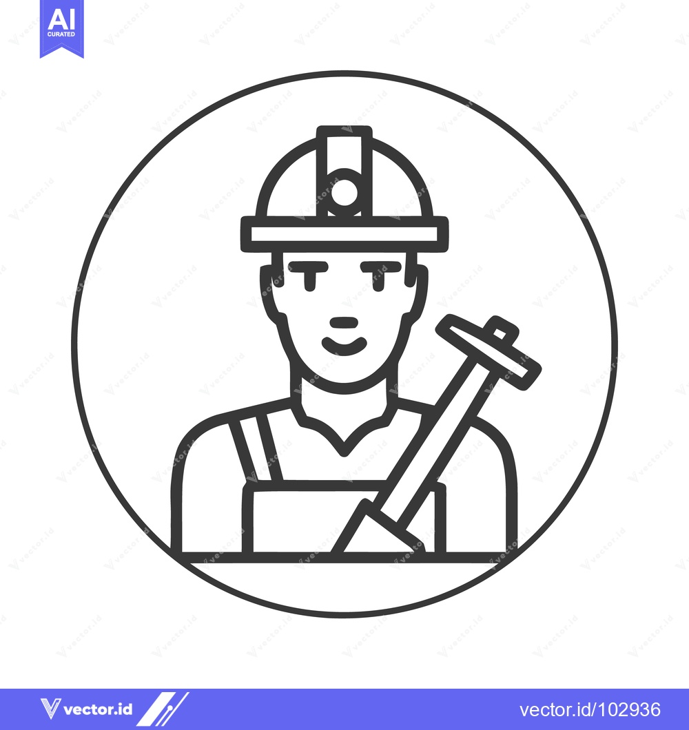 Premium Vector of Monochrome Line Art Icon: Male Worker in Hard Hat with Pickaxe, Profes