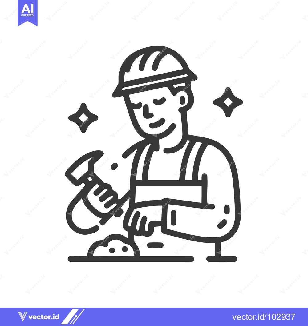 Premium Vector dari Monochrome Line Art Icon: Skilled Craftsman in Hard Hat Diligently Wor