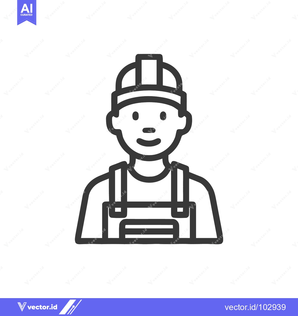 Premium Vector of Smiling Line Art Construction Worker Icon with Hard Hat and Overalls o