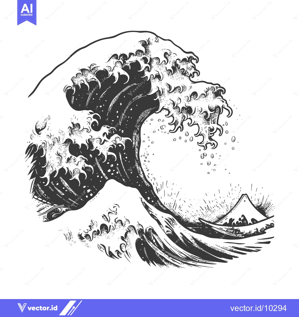 Premium Vector of A black and white illustration of a large wave crashing over a mountai