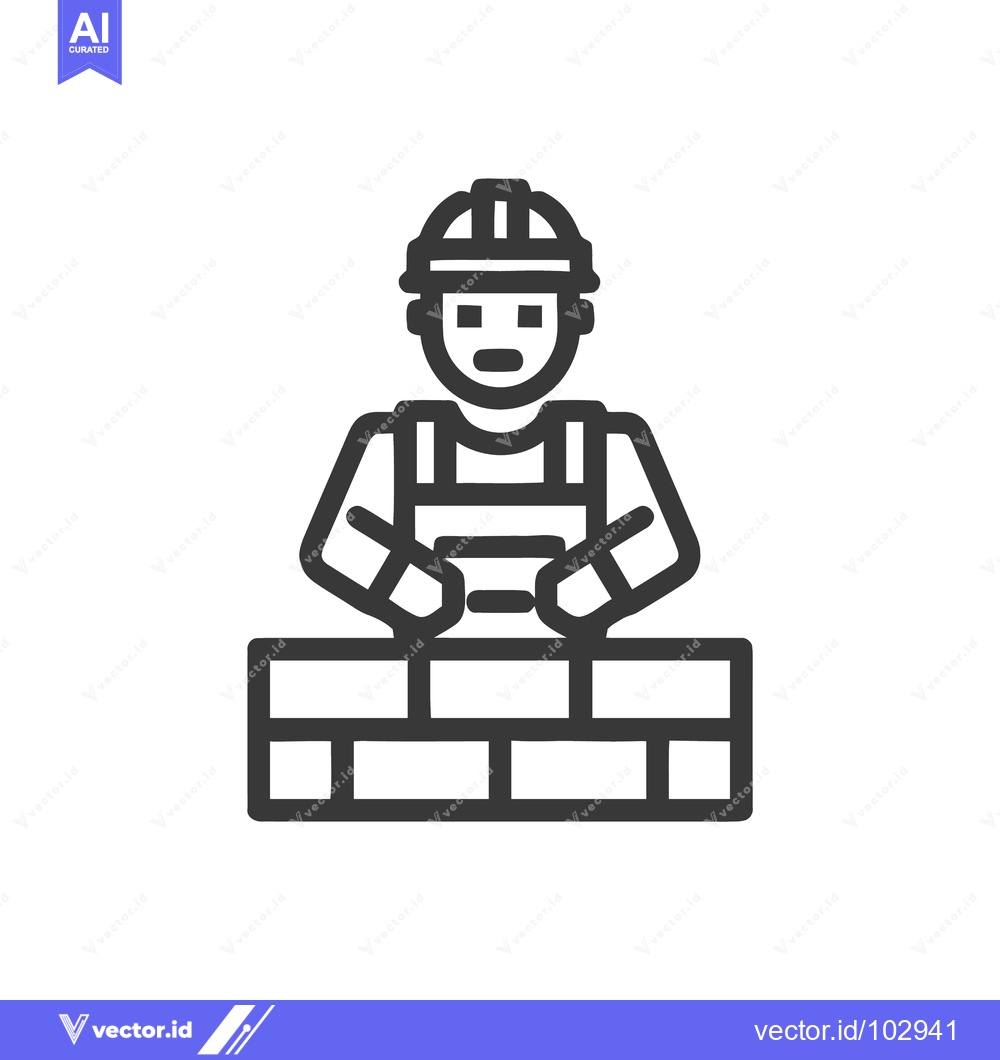 Premium Vector of Clean Line Icon of Construction Worker in Hard Hat Building Brick Wall