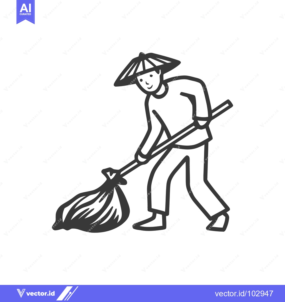 Premium Vector of Smiling Person in Conical Hat Sweeping or Collecting, Minimalist Line