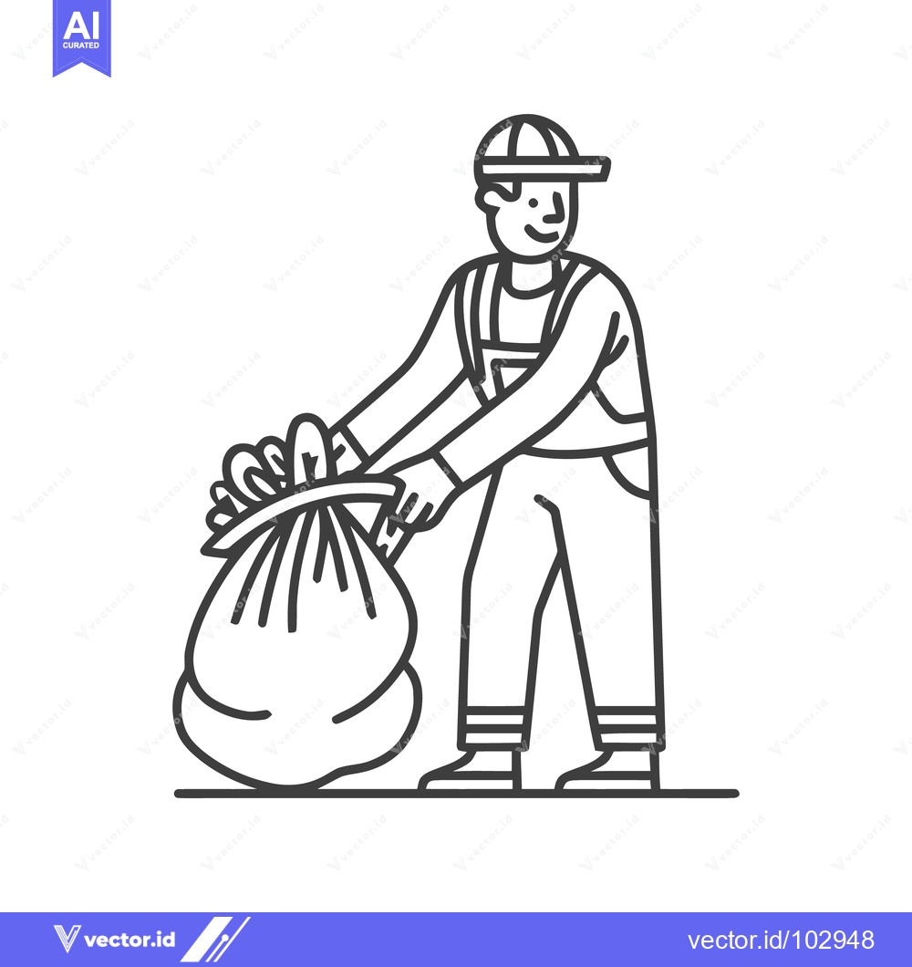 Premium Vector dari Minimalist Line Art of Smiling Worker Collecting Waste in a Large Garb