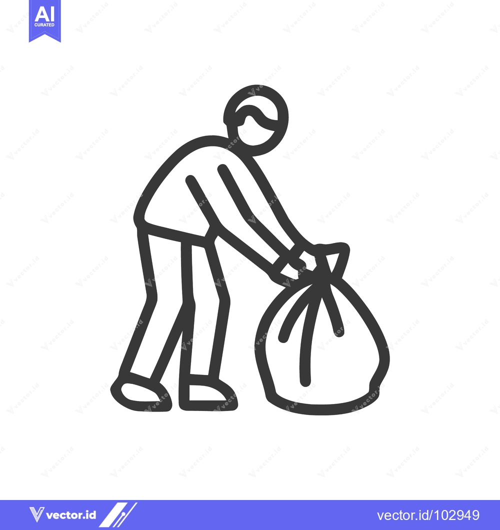 Premium Vector of Monochrome Line Art Icon: Person Bending to Collect Large Waste Bag, S