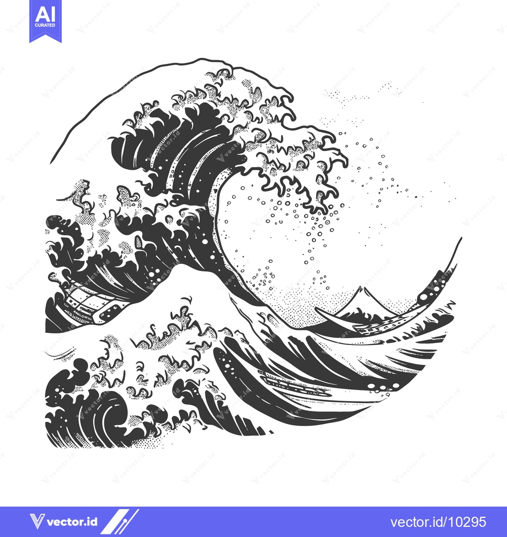 Premium Vector dari A Black and White Illustration of a Large Wave Crashing with a Mountai
