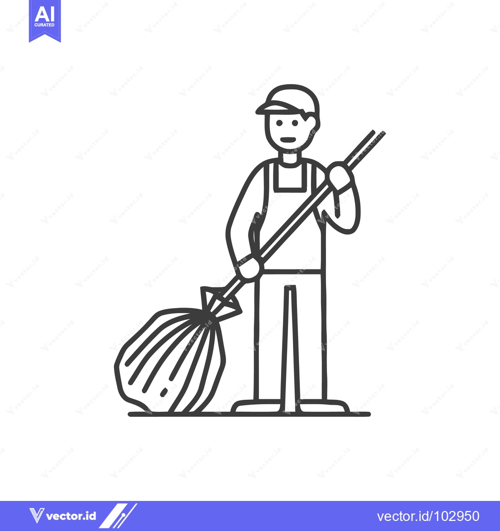 Premium Vector of Monochrome Line Art Icon of a Smiling Sanitation Worker Sweeping with