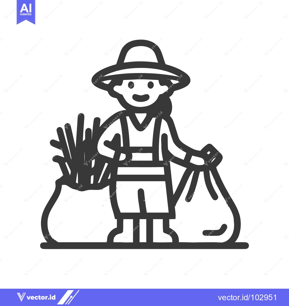 Premium Vector dari Smiling Farmer Character with Harvested Produce Bags, Simple Line Art