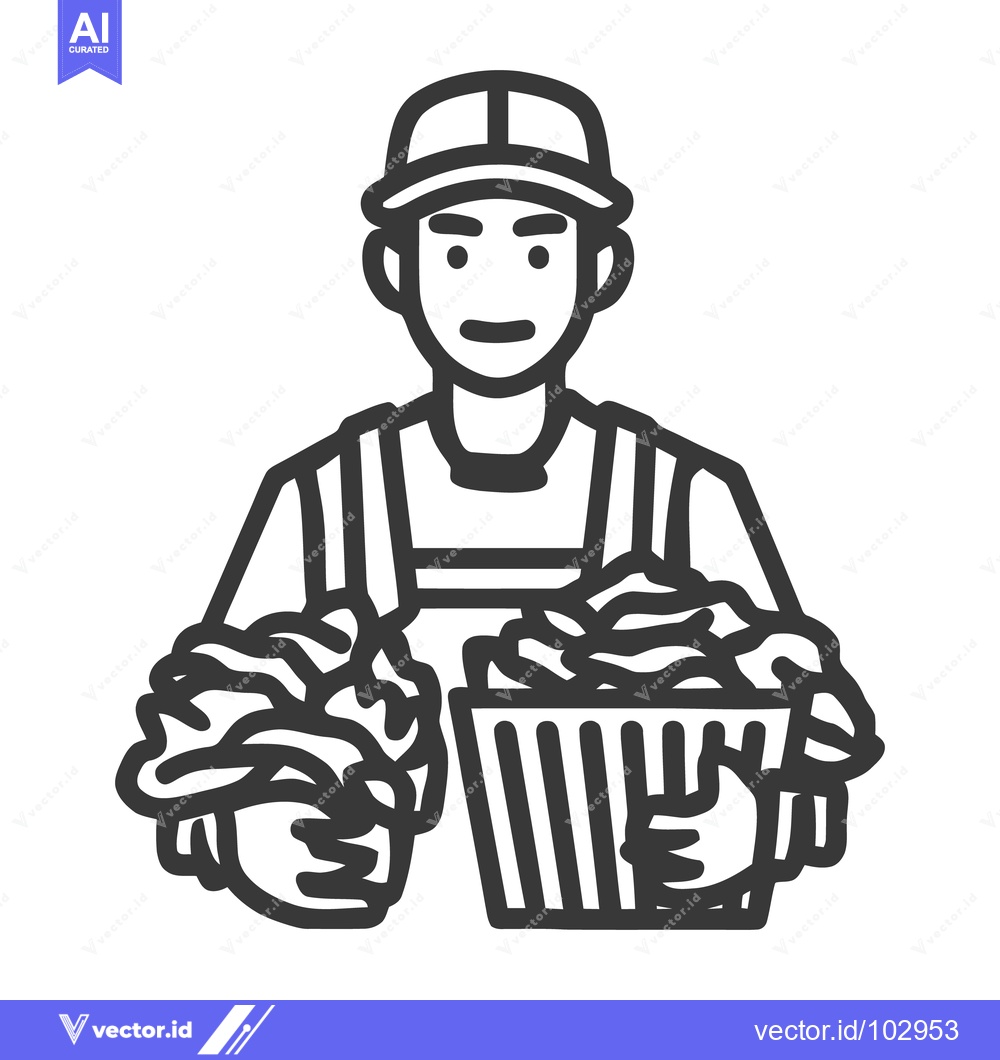 Premium Vector dari Monochrome Line Art Icon of Man in Cap Holding Laundry Basket and Clot