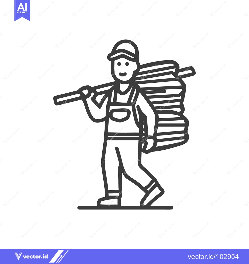 Premium Vector dari Smiling Worker Carrying Logs Icon: Simple Line Art Vector for Lumber,