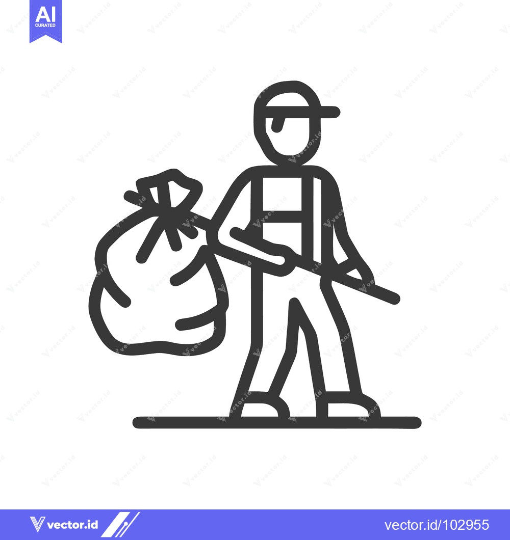 Premium Vector of Minimalist Line Icon: Person Cleaning Environment, Holding Trash Bag a