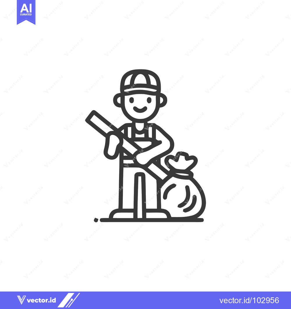 Premium Vector dari Smiling Line Art Icon: Worker with Broom and Trash Bag for Cleaning