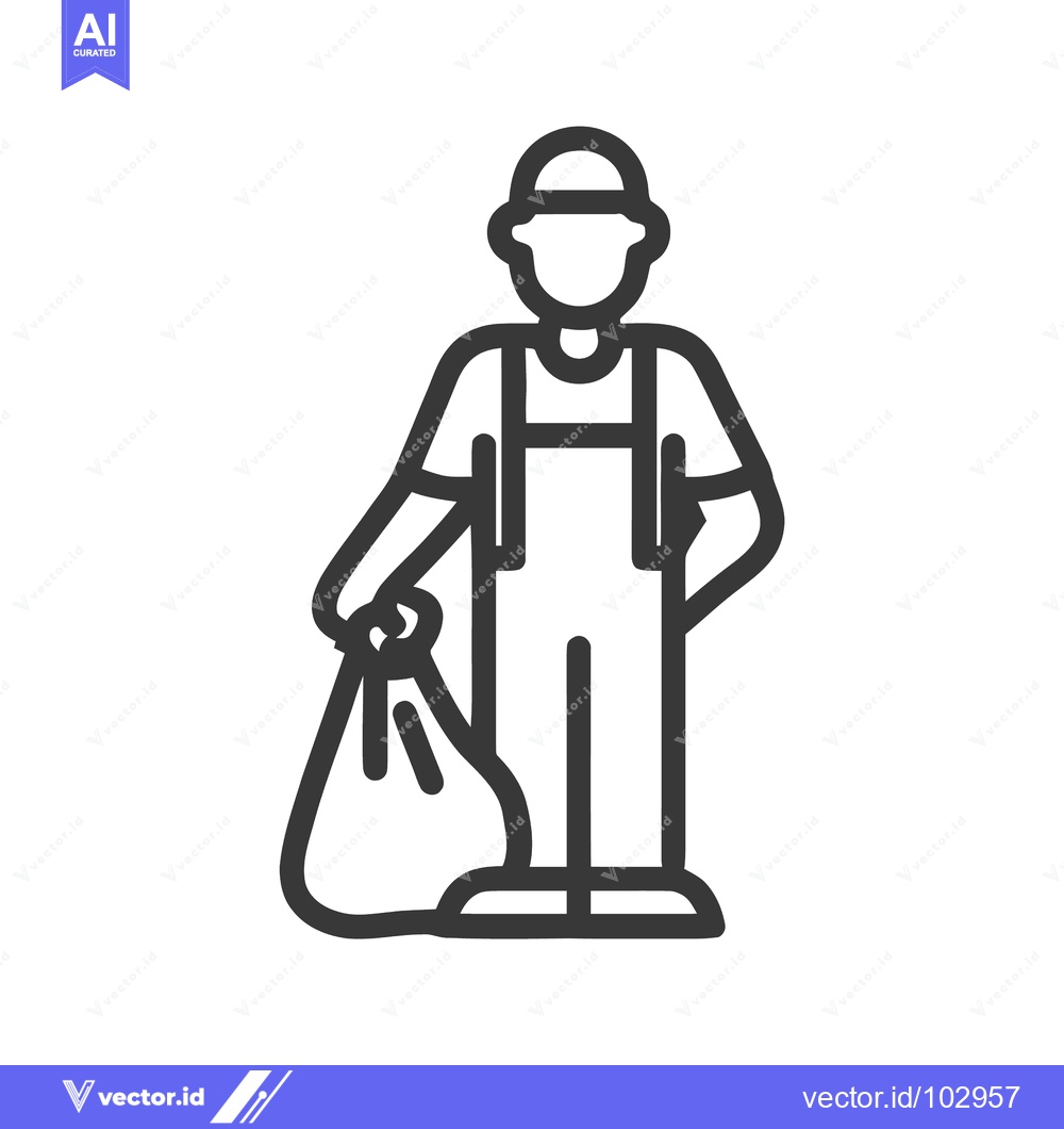 Premium Vector dari Minimalist Line Icon of a Waste Collector in Overalls Holding a Full G