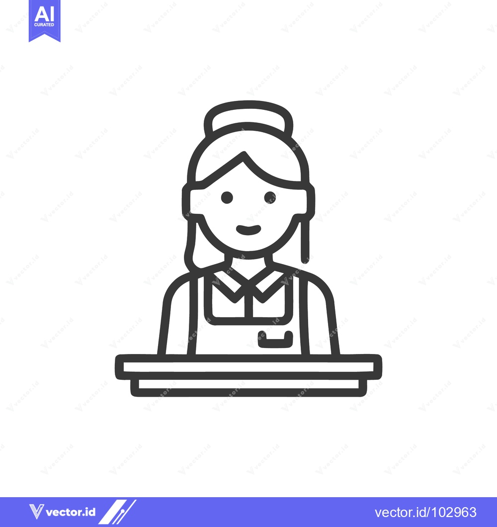 Premium Vector of Friendly Female Receptionist Line Art Icon: Smiling Woman Behind Count