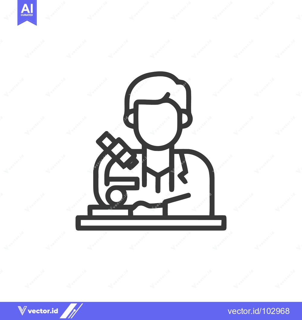 Premium Vector of Modern Line Art Icon: Scientist Using Microscope for Scientific Resear