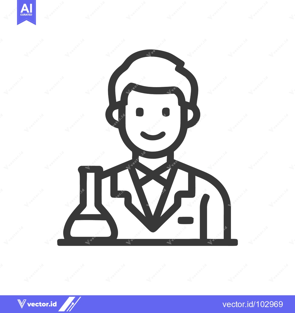 Premium Vector dari Smiling Male Scientist in Lab Coat with Flask, Minimal Line Art Icon
