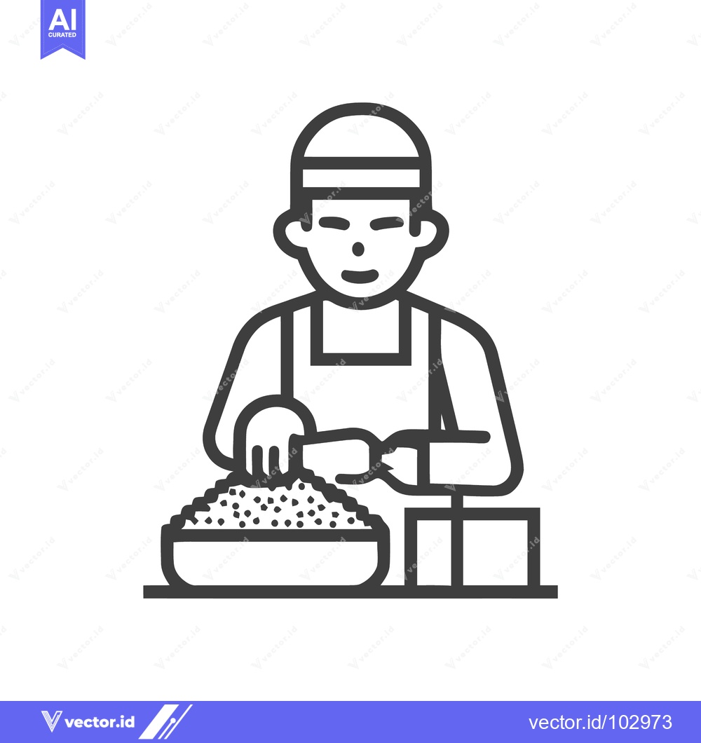 Premium Vector of Monochrome Line Art Icon: Chef Preparing Rice in Bowl, Food Preparatio